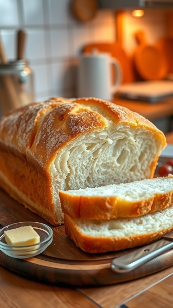 Homemade White Bread with Active Dry Yeast Freshly baked homemade white bread loaf sliced on a wooden board with butter.